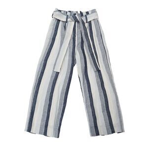J. Crew Point Sur Linen Paperbag Pants 4 Blue Wide Leg Striped Belt Lined Casual